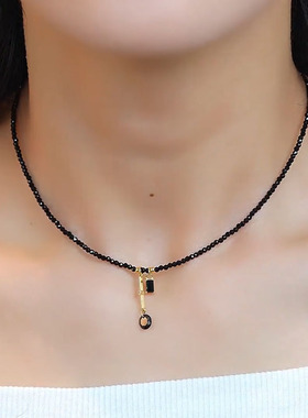 复古黑色串珠流苏项链女锁骨链