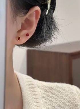 幸运红色四叶花耳钉四件套耳环女
