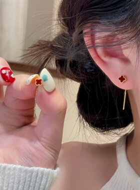 法式复古红色四叶花流苏耳线女