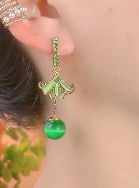 新中式绿色银杏叶流苏珠珠耳环女