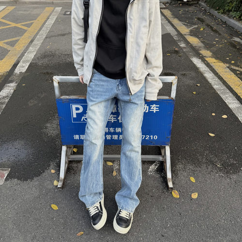 LEFT7 美式高街vibe闪电纹水洗牛仔裤男修身微喇cleanfit显瘦裤子 - 图3