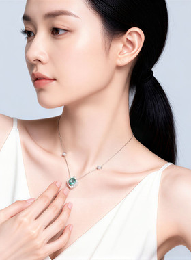 女童绿色水晶银色项链轻奢小众