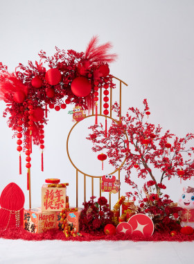2026马年新年红仿真花美陈摆件