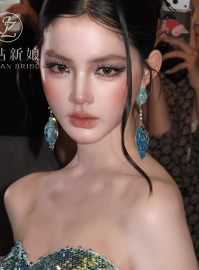 新娘蓝色爱心耳环人鱼公主风礼服耳饰跟妆化妆师造型夸张小众耳坠