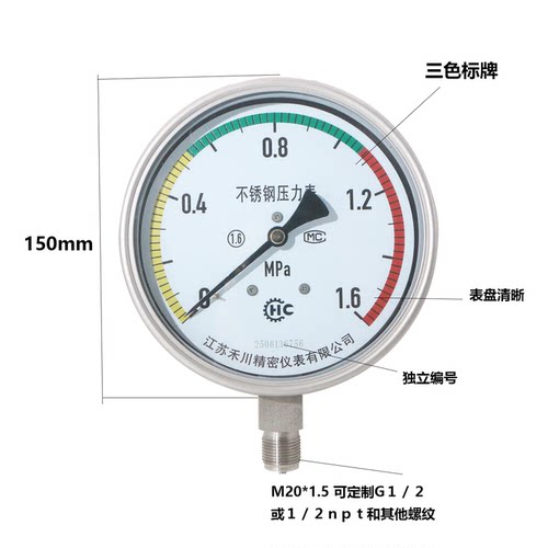不锈钢压力表 Y150BF YN150BF耐震压力表 高温氨用 江苏禾川 保真 - 图0