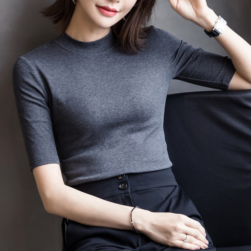 修身显瘦百搭纯色五分袖 恤女 T 2018 秋季新款小高领纯棉半袖打底衫 修身显瘦百搭纯色五分袖 恤女 T 2018 秋季新款小高领纯棉半袖打底衫