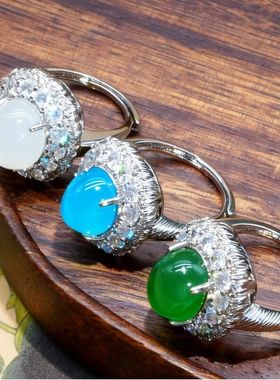 镀银镶嵌冰种蓝帝王绿米白色髓开口戒指新中式百搭时尚款8091