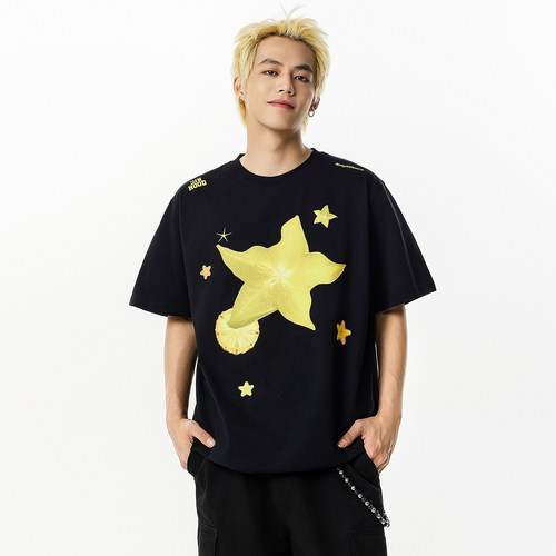 RIC杨桃星星印花短袖T恤男2025新款夏季修身气质短款半袖打底衫潮 - 图0