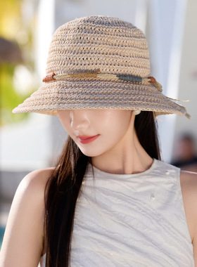 夏季帽子女款大帽檐遮阳帽显脸小防晒帽透气大头围草帽针织渔夫帽