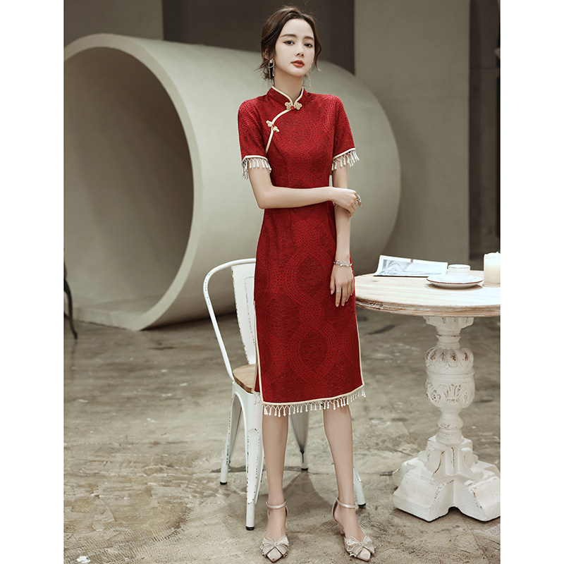 旗袍新娘中式高级感红色蕾丝敬酒服 颜赋绣旗袍