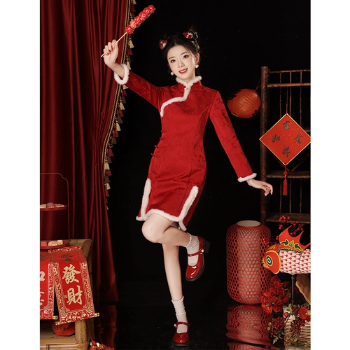 Красное ципао, утепленное летнее праздничнное вечернее платье, подходит для подростков