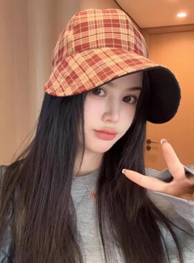 2026春季新款韩版格纹双面戴鸭舌帽女百搭宽檐遮阳防晒户外渔夫帽