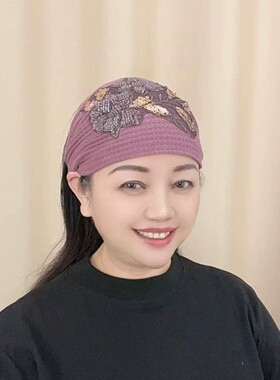 秋冬新款针织刺绣包头帽百搭洋气保暖遮白发头巾帽防掉发宽边发带