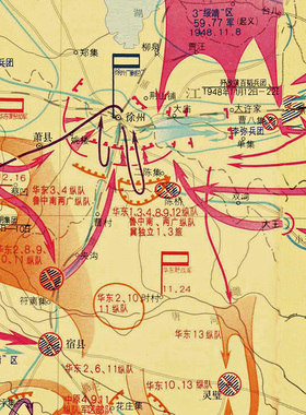 淮海战役经过要图-解放战争大决战复古地图作战路线图 实物油画布