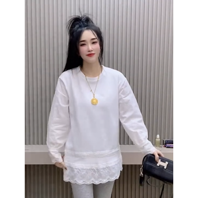 200斤大码镂空蕾丝拼接圆领长袖T恤女2026早春新款宽松打底衫上衣,淘宝优惠券,粉丝福利购,淘宝优惠卷