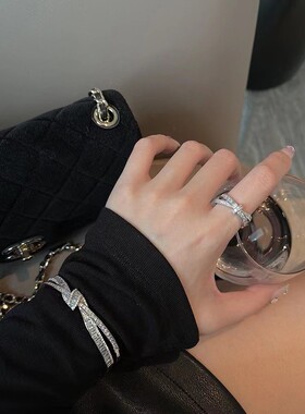 J18开口戒指蝴蝶结个性简约交叉满钻戒指精致锆石指环饰品