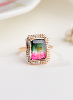 西瓜碧玺戒指18k金镶嵌女彩宝石