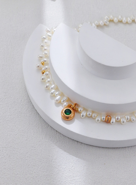S925银复古金色珍珠项链配饰镶嵌热销温柔明星安铂时尚米粒女款