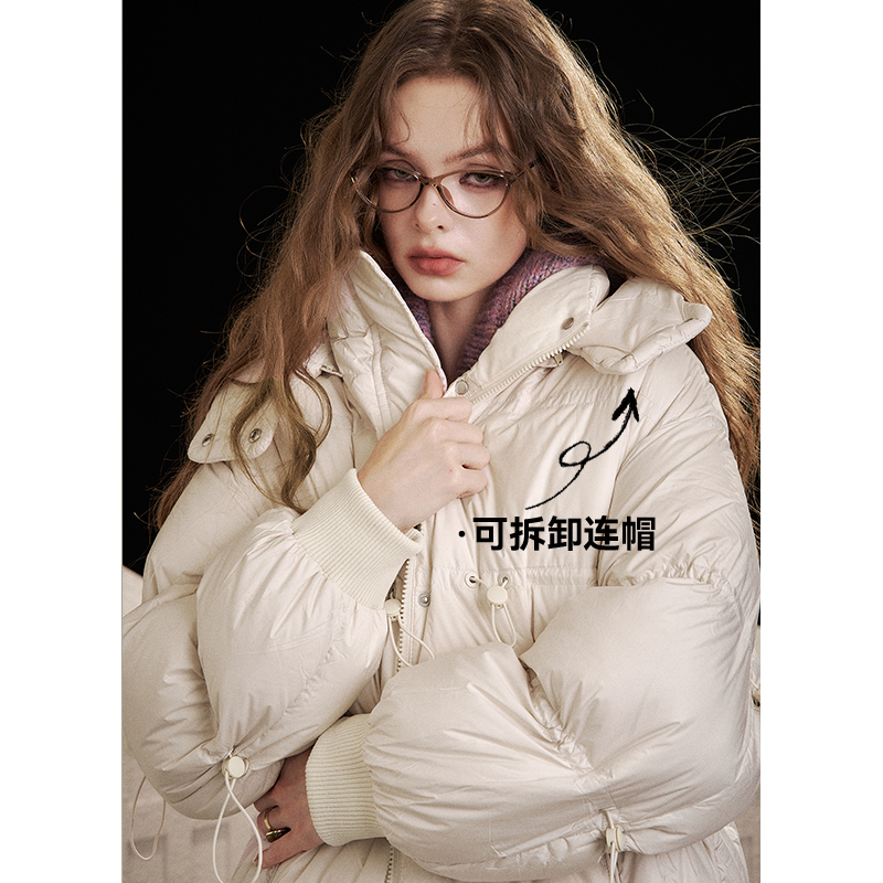 妖精的口袋黑色亮面连帽长款羽绒服女2025年秋冬新款宽松保暖外套