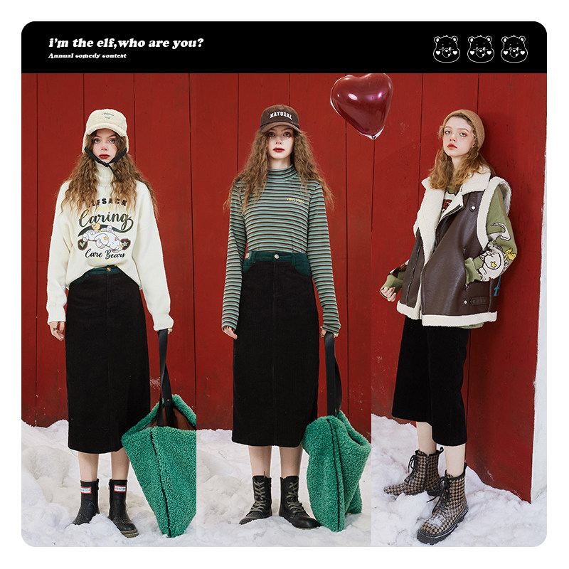 【新款】妖精的口袋高腰灯芯绒半身裙 妖精的口袋半身裙