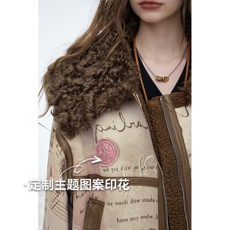 妖精的口袋皮毛一体复古印花毛绒绒短款毛呢外套女2025年冬季新款 - 图2