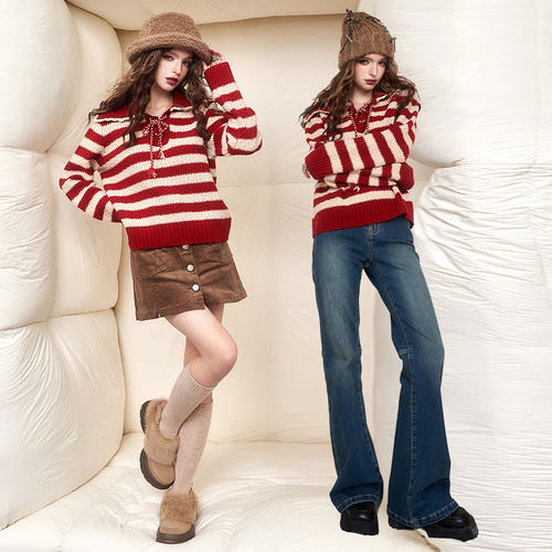妖精的口袋红色条纹慵懒风毛衣女2025年冬季新款显瘦上衣新年穿搭 - 图1