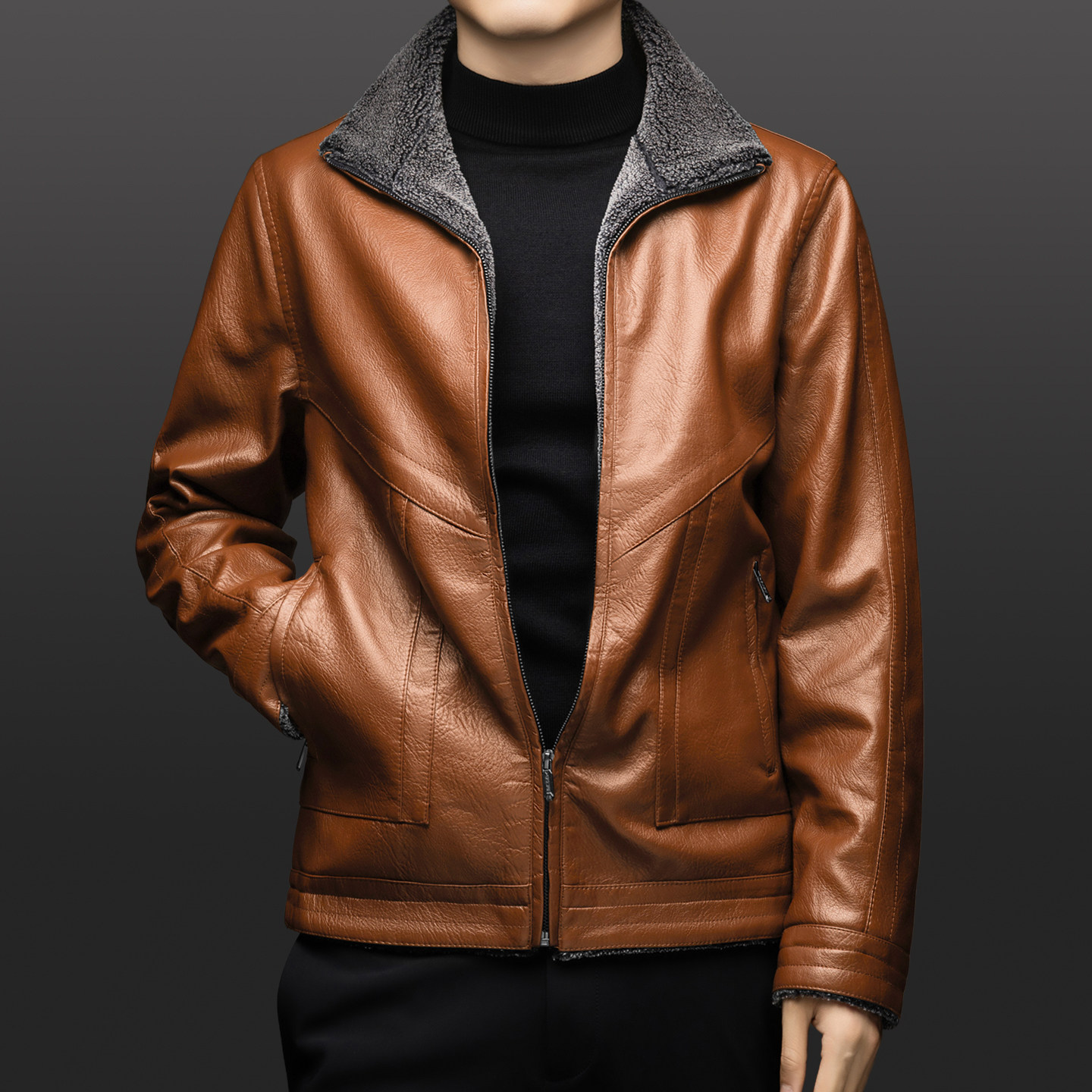 夹克男pu皮秋冬季商务休闲翻领开衫外套中青年加绒加厚加大码皮衣,淘宝优惠券,粉丝福利购,淘宝优惠卷