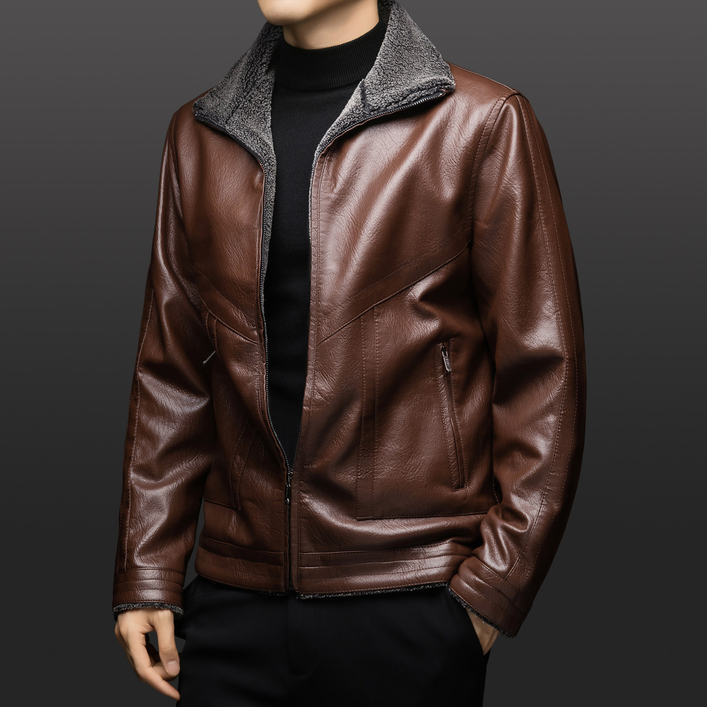 夹克男pu皮秋冬季商务休闲翻领开衫外套中青年加绒加厚加大码皮衣,淘宝优惠券,粉丝福利购,淘宝优惠卷