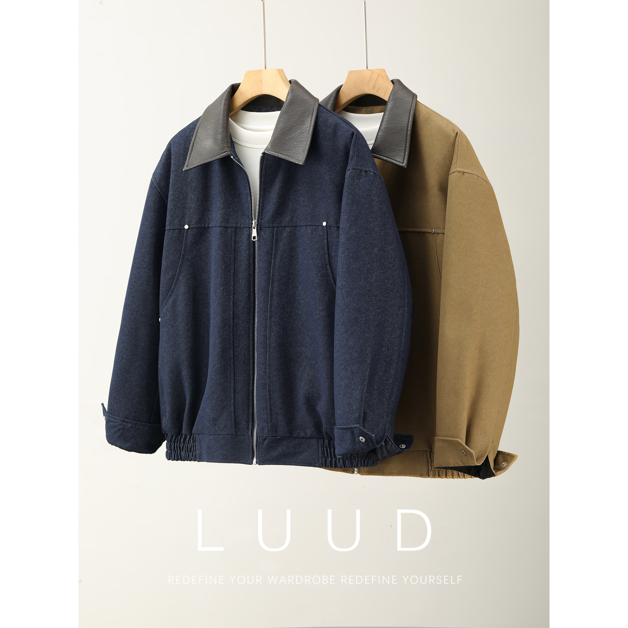 LUUD 哈灵顿巴恩风85白鸭绒皮领羽绒夹克男冬铆钉装饰水洗棉外套 - 图0