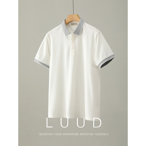 LUUD 男士夏季时尚通勤风拼色翻领短袖T恤撞色针织拼接领口POLO衫 - 图1