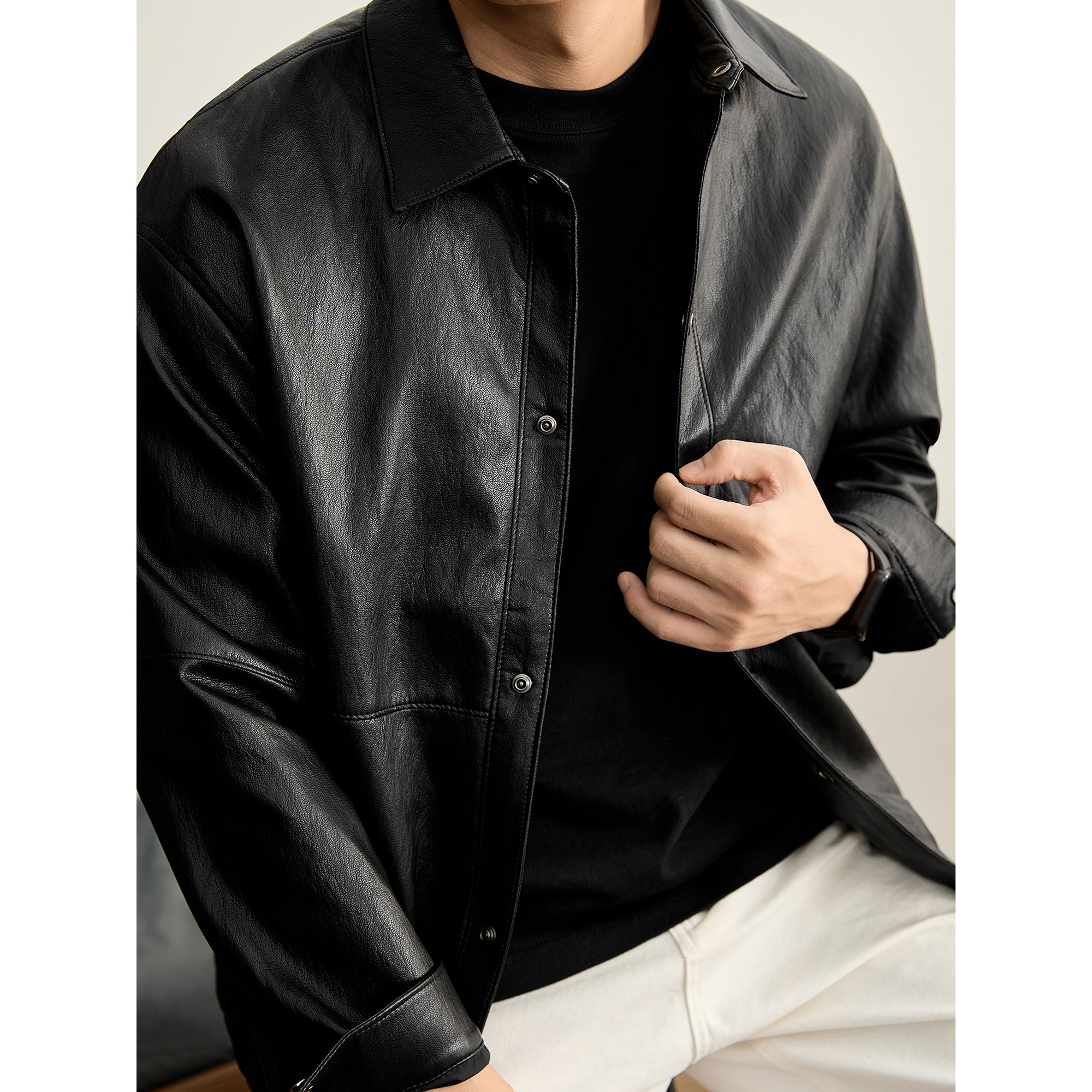 LUUD 男秋冬衬衫式PU皮夹克美式复古亮面暗纹翻领单排扣皮衣外套,淘宝优惠券,粉丝福利购,淘宝优惠卷
