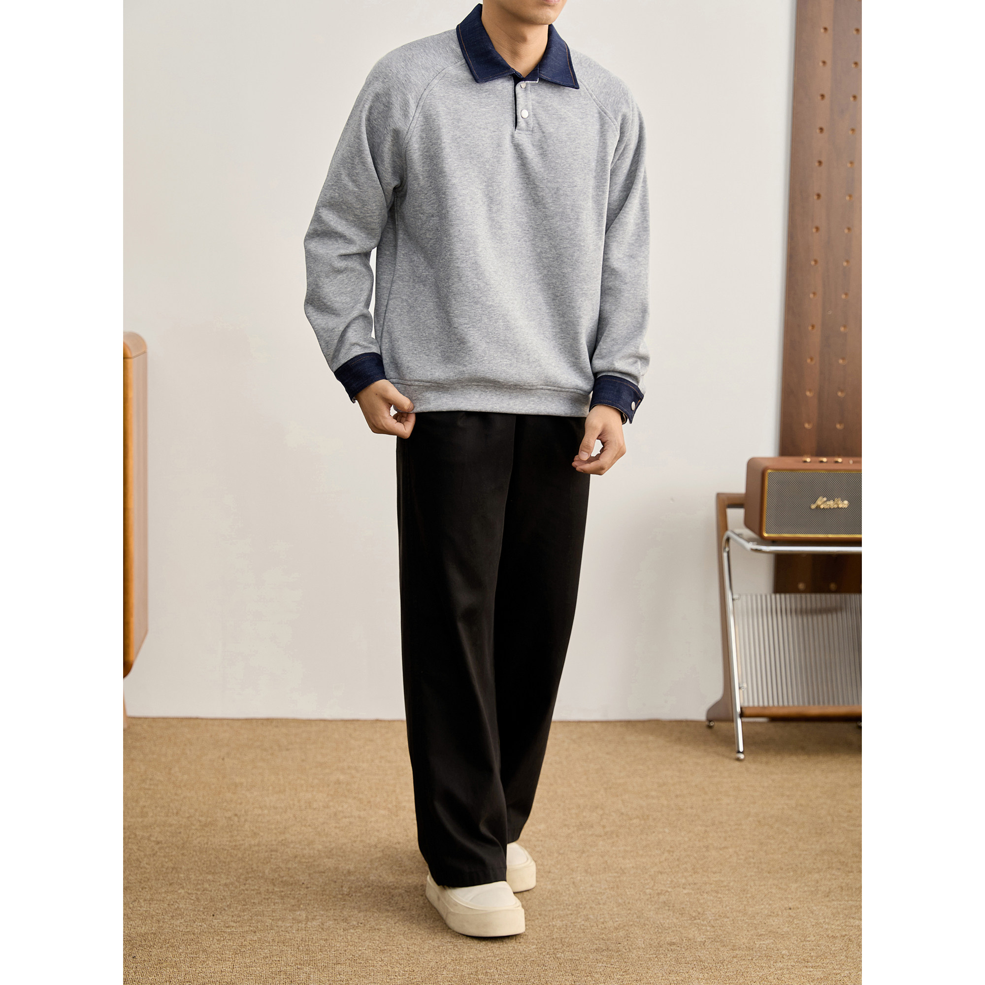 特价 350g重磅撞色落肩长袖POLO衫男秋水洗棉牛仔布拼接翻领卫衣,淘宝优惠券,粉丝福利购,淘宝优惠卷