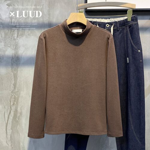 LUUD 阳离子亲肤双面德绒半高领打底衫冬季保暖磨毛中立领男T恤衫 - 图2