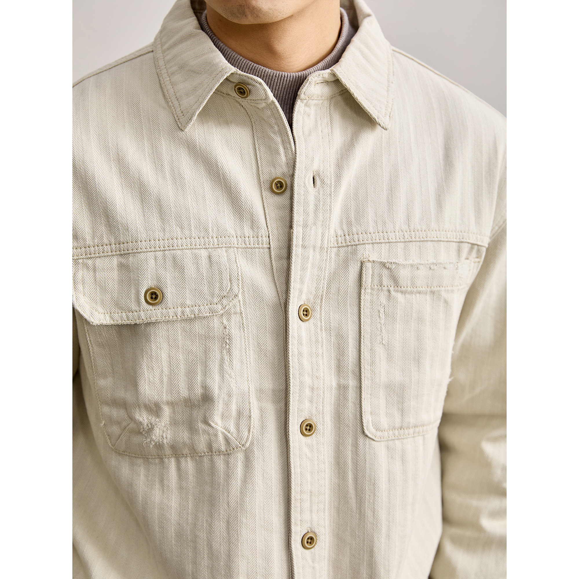 LUUD 水洗白牛工装风翻领牛仔衬衫男早春100%纯棉双口袋衬衣外套,淘宝优惠券,粉丝福利购,淘宝优惠卷