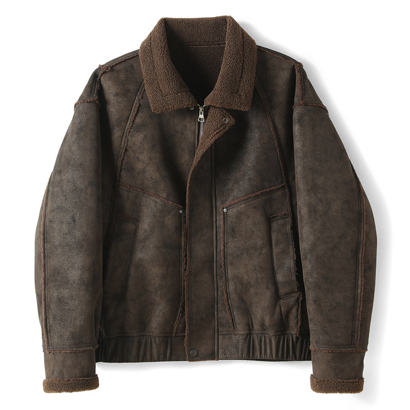 LUUD 做旧磨砂质感保暖皮衣外套街头风皮毛一体羊羔绒拼接夹克男,淘宝优惠券,粉丝福利购,淘宝优惠卷