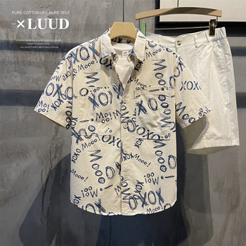 LUUD summer beach vacation style floral shirt lapel top-sleeved for boys with creative letters over the print trendy shirt