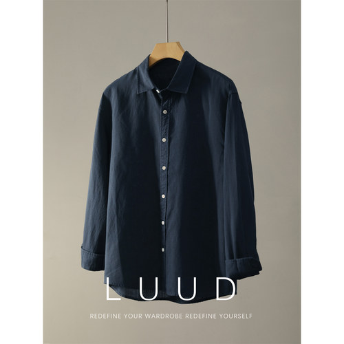 LUUD 韩系慵懒风亚麻天丝长袖衬衫男松弛老钱风简约时尚翻领衬衣 - 图2