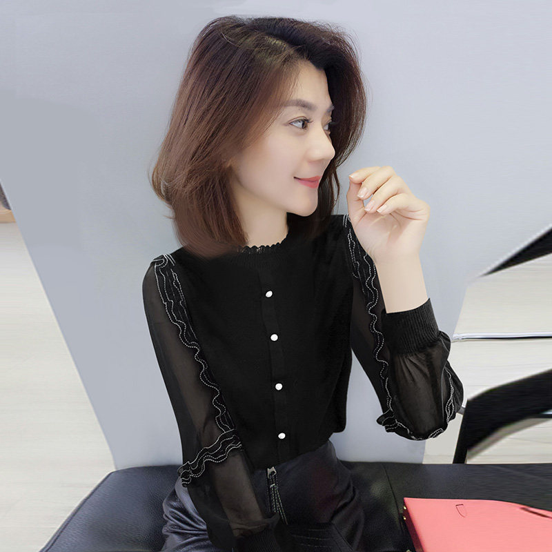 蕾丝袖拼接时尚网纱修身气质针织衫 bobowaltz毛针织衫