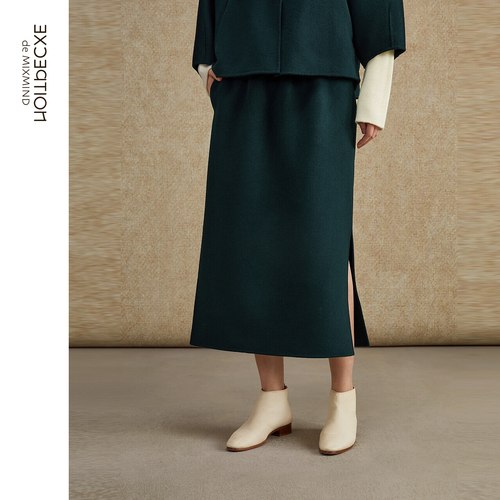 EXCEPTION例外女装秋冬款半身裙绵羊毛保暖裙摆开叉新中式裙子女 - 图0