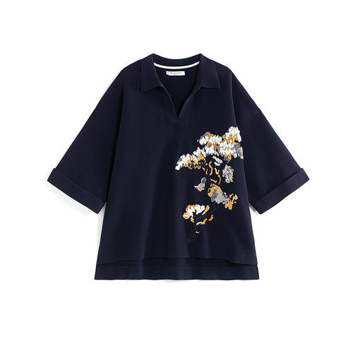 EXCEPTION例外女装春秋款毛针织衫手工绣花翻领设计七分袖毛衣女 - 图3