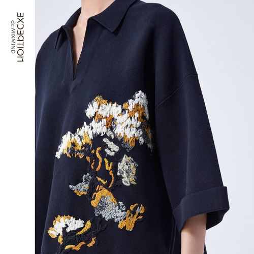 EXCEPTION例外女装春秋款毛针织衫手工绣花翻领设计七分袖毛衣女 - 图2