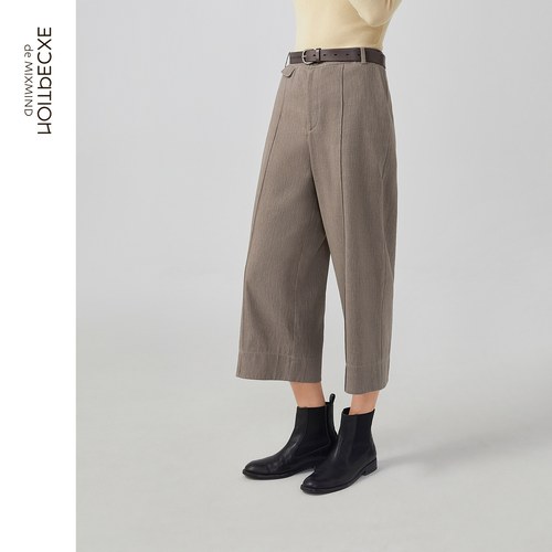 EXCEPTION例外女装春秋款棉麻拼接印花七分宽松休闲阔腿裤 - 图0