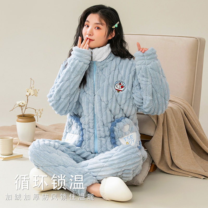 2023新款睡衣女款秋冬季珊瑚绒加绒超厚三层夹棉袄冬天家居服套装