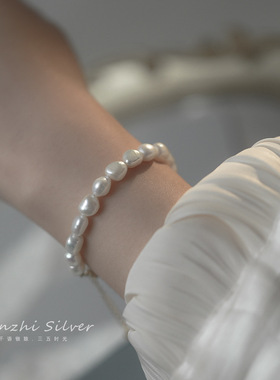 精致施家天然珍珠手链女S925纯银年轻款气质小福牌手串轻奢高级感