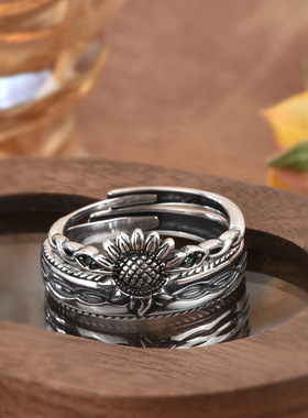 原创向日葵纯银开口可侣对戒