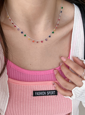 小红书S925纯银圆形彩色锆石项链女个性细款七彩圆珠锁骨链7438G