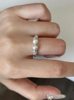 未晚女纯银新中式麻花珍珠戒指