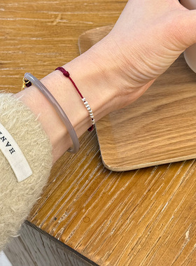 S925纯银简约银珠红绳女叠戴新中式小巧玉髓半镯手链轻奢高级感