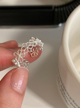 未晚女925纯银甜美镂空花环戒指