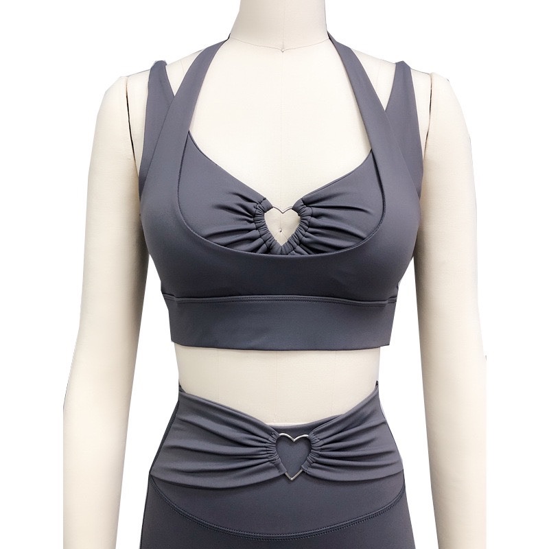 瑜伽背心女裹胸防震心形扣上衣高腰速干裸感亲肤运动健身喇叭裤 - 图2